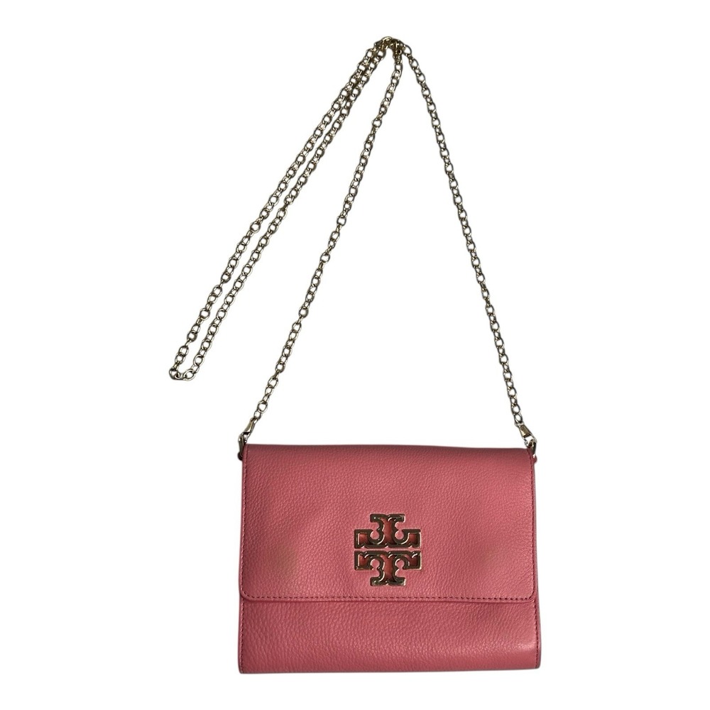 Tory Burch Robinson Dark Pink Leather Chain Wallet Gold Hardware